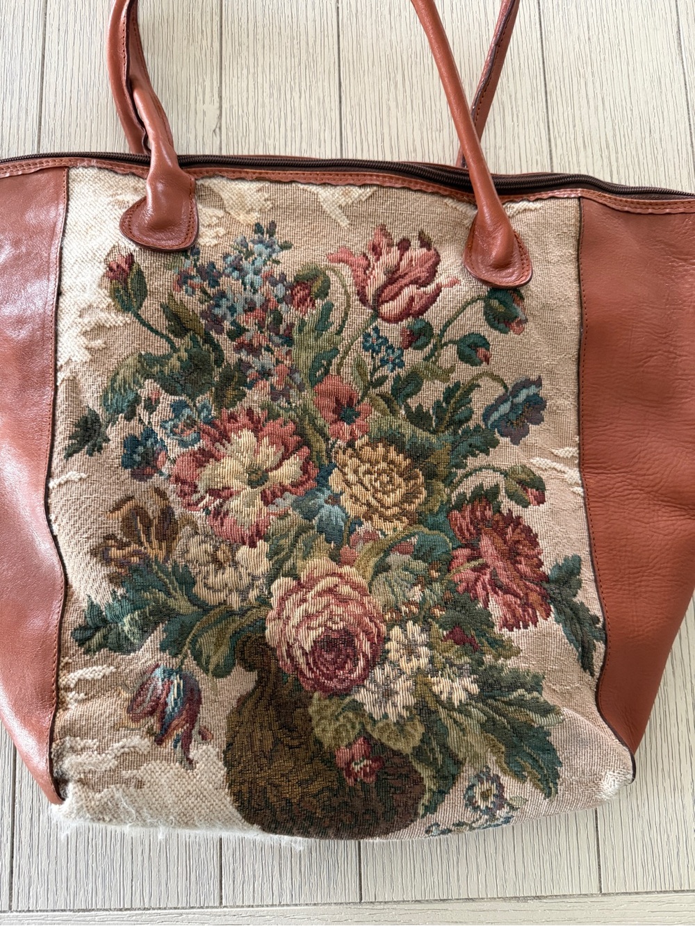 Vintage Paola Del Lungo Large Leather Trim Floral Tapestry Tote Bag in Rust - Picture 2 of 6